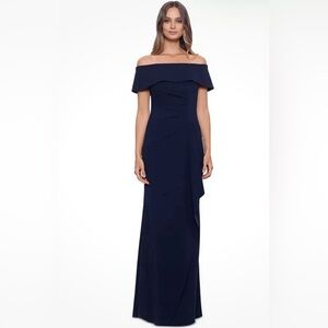 Xscape Navy Off-Shoulder Maxi Gown